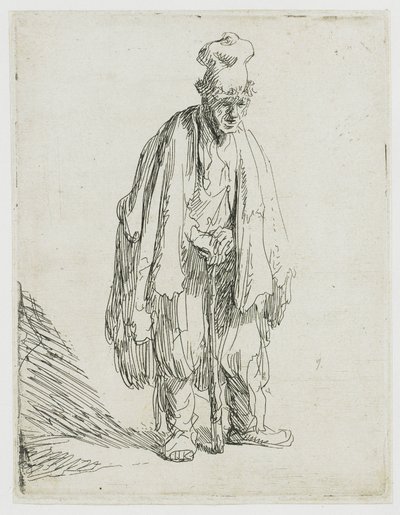 Een bedelaar met een hoge pet, staand en leunend op een stok door Rembrandt van Rijn