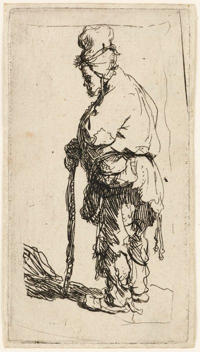 Bedelaar leunend op een stok door Rembrandt van Rijn