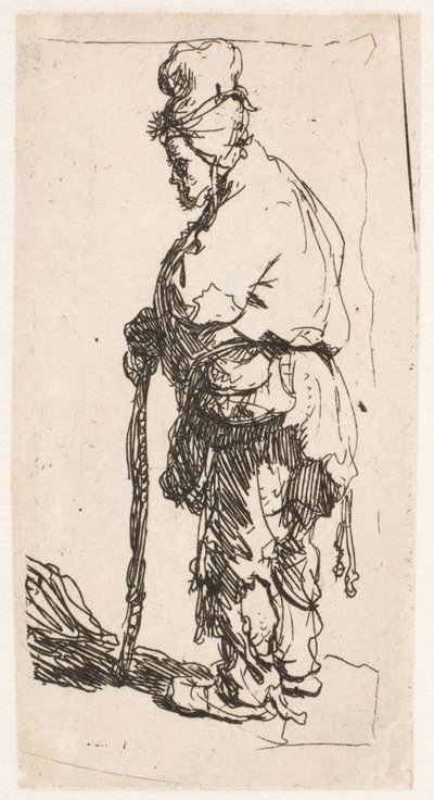 Bedelaar die op een stok leunt, naar links kijkend door Rembrandt van Rijn