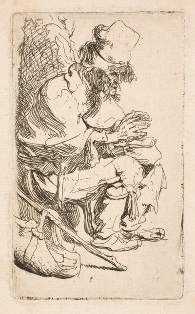 Een bedelaar zit zijn handen te warmen aan een warmhoudpan door Rembrandt van Rijn