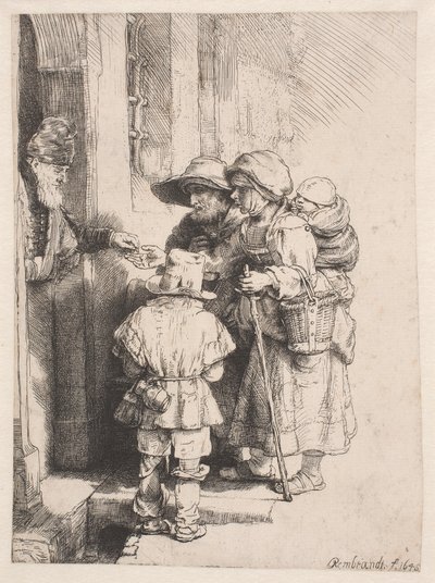 Bedelaars die aan de deur van een huis aalmoezen ontvangen door Rembrandt van Rijn