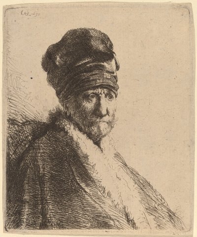 Borstbeeld van een man met een hoge muts, driekwart rechts (De vader van de kunstenaar?) door Rembrandt van Rijn