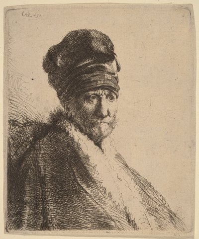Buste van een man met een hoge pet, driekwartprofiel naar rechts (de vader van de kunstenaar) door Rembrandt van Rijn