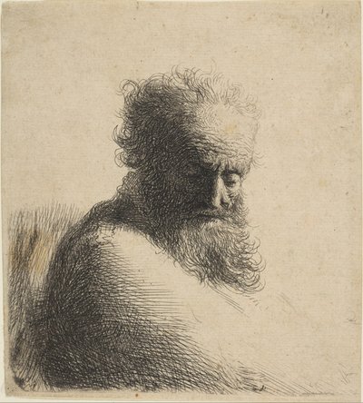 Buste van een oude bebaarde man die naar beneden kijkt, driekwart rechts door Rembrandt van Rijn
