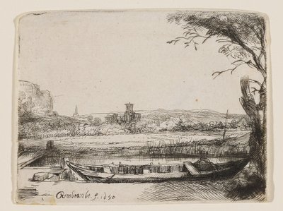 Kanaal met een grote boot en een brug door Rembrandt van Rijn