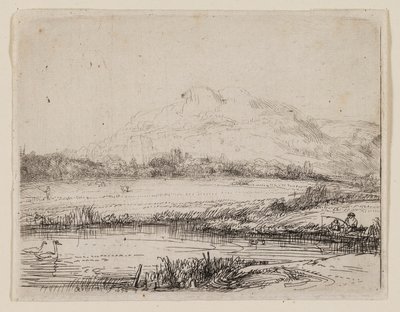 Kanaal met een visser en twee zwanen door Rembrandt van Rijn
