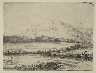 Kanaal met een visser en twee zwanen, 1650 door Rembrandt van Rijn