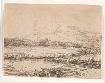 Kanaal met een visser en twee zwanen door Rembrandt van Rijn