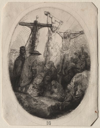 Christus gekruisigd tussen twee dieven: een ovaal bord door Rembrandt van Rijn
