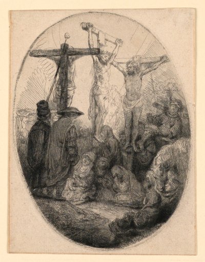 Christus Gekruisigd Tussen de Twee Dieven: Een Ovale Plaat door Rembrandt van Rijn