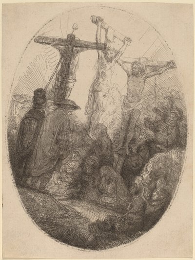 Christus Gekruisigd tussen de Twee Dieven: een Ovale Plaat door Rembrandt van Rijn