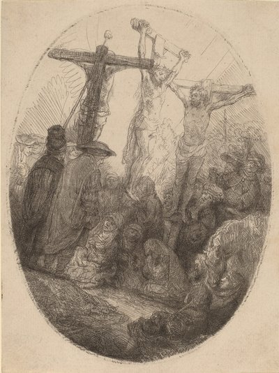 Christus gekruisigd tussen de twee dieven: een ovaal bord, ca. 1641 door Rembrandt van Rijn