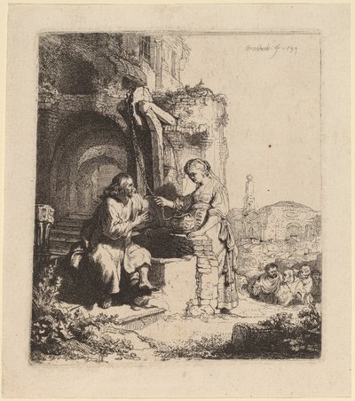Christus en de vrouw van Samaria tussen ruïnes door Rembrandt van Rijn