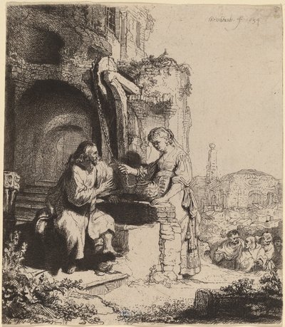 Christus en de Vrouw van Samaria tussen Ruïnes door Rembrandt van Rijn