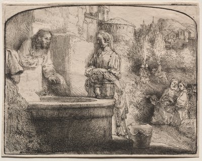 Christus en de vrouw van Samaria: Een gebogen prent, 1657-58 door Rembrandt van Rijn