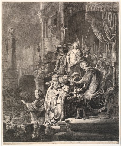 Jezus voor Pilatus: grote plaat door Rembrandt van Rijn