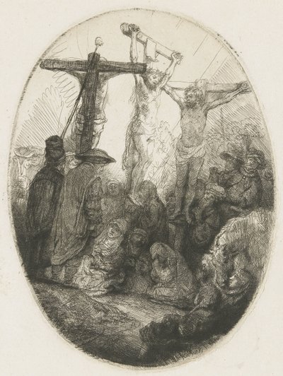 Christus gekruisigd tussen de twee dieven: een ovale plaat door Rembrandt van Rijn