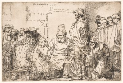 Christus, zittend in discussie met de schriftgeleerden door Rembrandt van Rijn