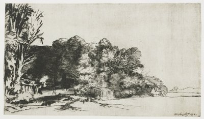 Boomgroep met uitzicht door Rembrandt van Rijn