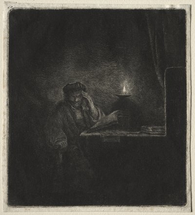 Kopie van Student aan een tafel bij kaarslicht door Rembrandt van Rijn