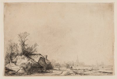 Cottage naast een kanaal met uitzicht op Ouderkerk door Rembrandt van Rijn