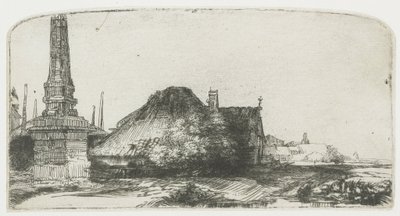 Huisje en grenspaal op de Spaarndammerdijk (‘L’Obelisque’) door Rembrandt van Rijn