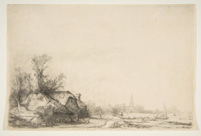 Huisje naast een kanaal met uitzicht op Ouderkerk, ca. 1641 door Rembrandt van Rijn