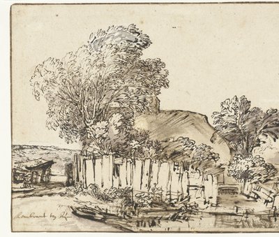 Huisje met Witte Omheining tussen Bomen door Rembrandt van Rijn