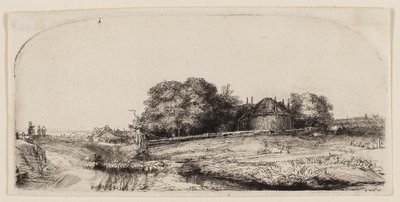 Huisjes en een hooischuur op de Diemerdijk met een kudde schapen door Rembrandt van Rijn