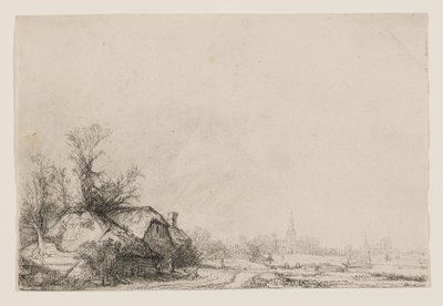Vakantiehuisjes aan een kanaal met een kerk en een zeilboot door Rembrandt van Rijn