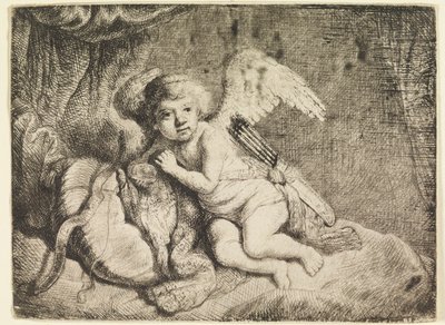 Cupido rustend, naar een schilderij dat vroeger aan Rembrandt werd toegeschreven door Rembrandt van Rijn