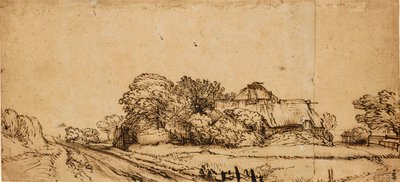 Boerderijgebouwen naast een Weg door Rembrandt van Rijn