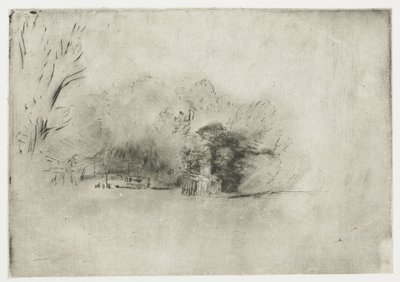 Boerderij tussen bomen door Rembrandt van Rijn