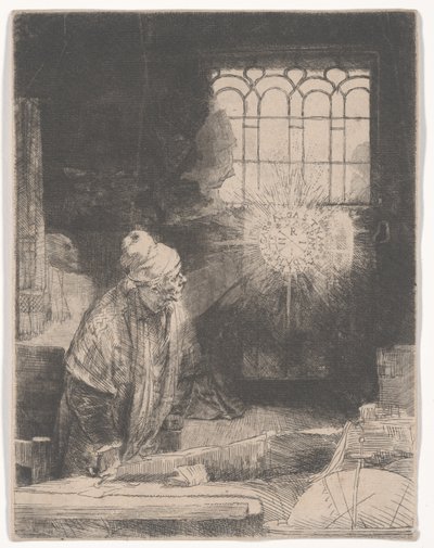Faust in zijn studeerkamer die een magische schijf bekijkt, of Een geleerde in zijn studeerkamer, ca. 1652 door Rembrandt van Rijn