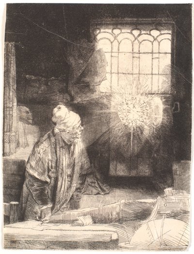 Faust in zijn studeerkamer, kijkend naar een magische schijf door Rembrandt van Rijn