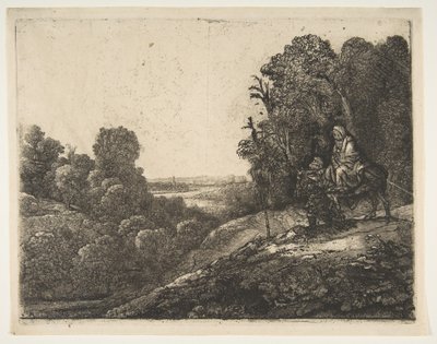 Vlucht naar Egypte: Aangepast van Tobias en de Engel door Hercules Segers door Rembrandt van Rijn