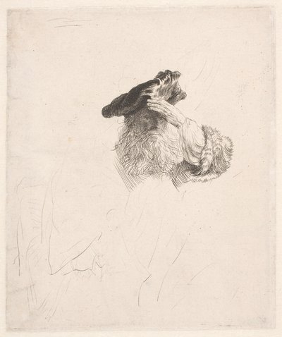 Oude man die met zijn hand schaduw maakt voor zijn ogen door Rembrandt van Rijn
