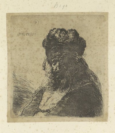 Gebaarde oude man met hoge bontmuts en gesloten ogen door Rembrandt van Rijn
