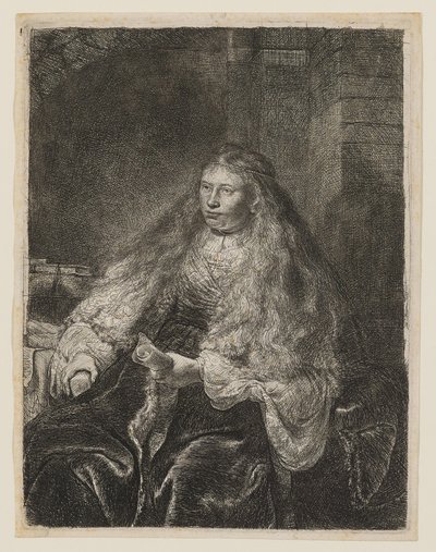 Meisje met haar dat over haar schouders valt door Rembrandt van Rijn