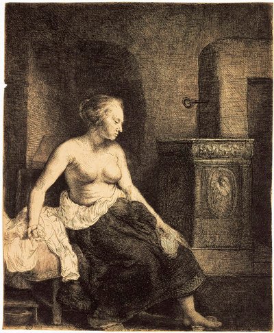 Halfnaakte vrouw bij een kachel, 1658 door Rembrandt van Rijn