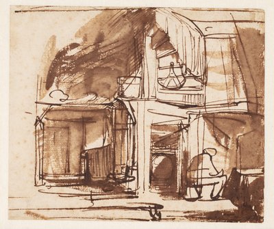 Interieur met een wenteltrap en een zittende man door Rembrandt van Rijn