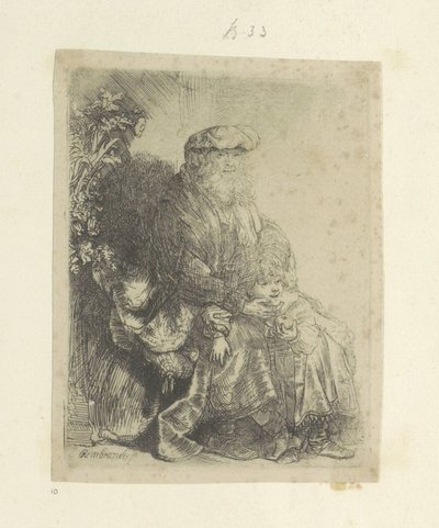 Jacob liefkoost Benjamin door Rembrandt van Rijn