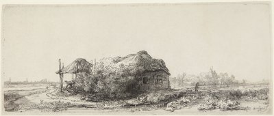 Landschap met huisjes en een hooischuur door Rembrandt van Rijn