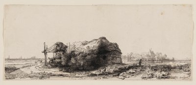 Landschap met Huisjes en een Hooischuur: Liggend door Rembrandt van Rijn