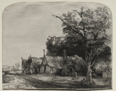 Landschap met Drie Huisjes met Gevels naast een Weg door Rembrandt van Rijn