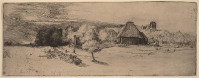 Landschap met bomen, boerderijgebouwen en een toren door Rembrandt van Rijn