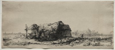 Landschap met een huisje en hooischuur: Oblong, 1641 door Rembrandt van Rijn