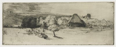Landschap met een boerderij en het huis met de toren door Rembrandt van Rijn