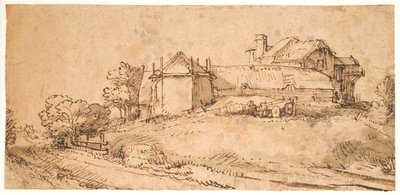 Landschap met een boerderij en een hooischuur door Rembrandt van Rijn