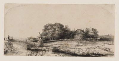 Landschap met een hooischuur en een kudde schapen door Rembrandt van Rijn